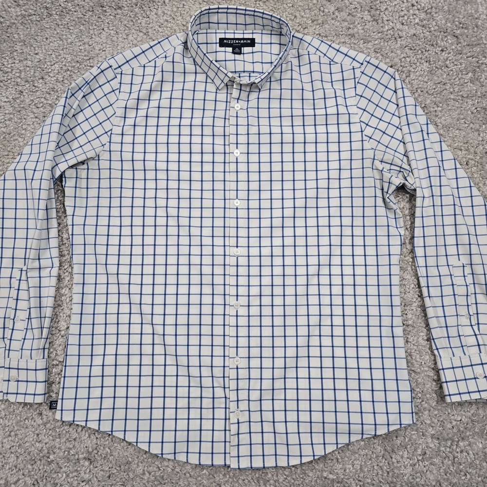 Mizzen+Main Leeward Dress Shirt Mens XL Blue White Windowpane Trim No Tuck Fit